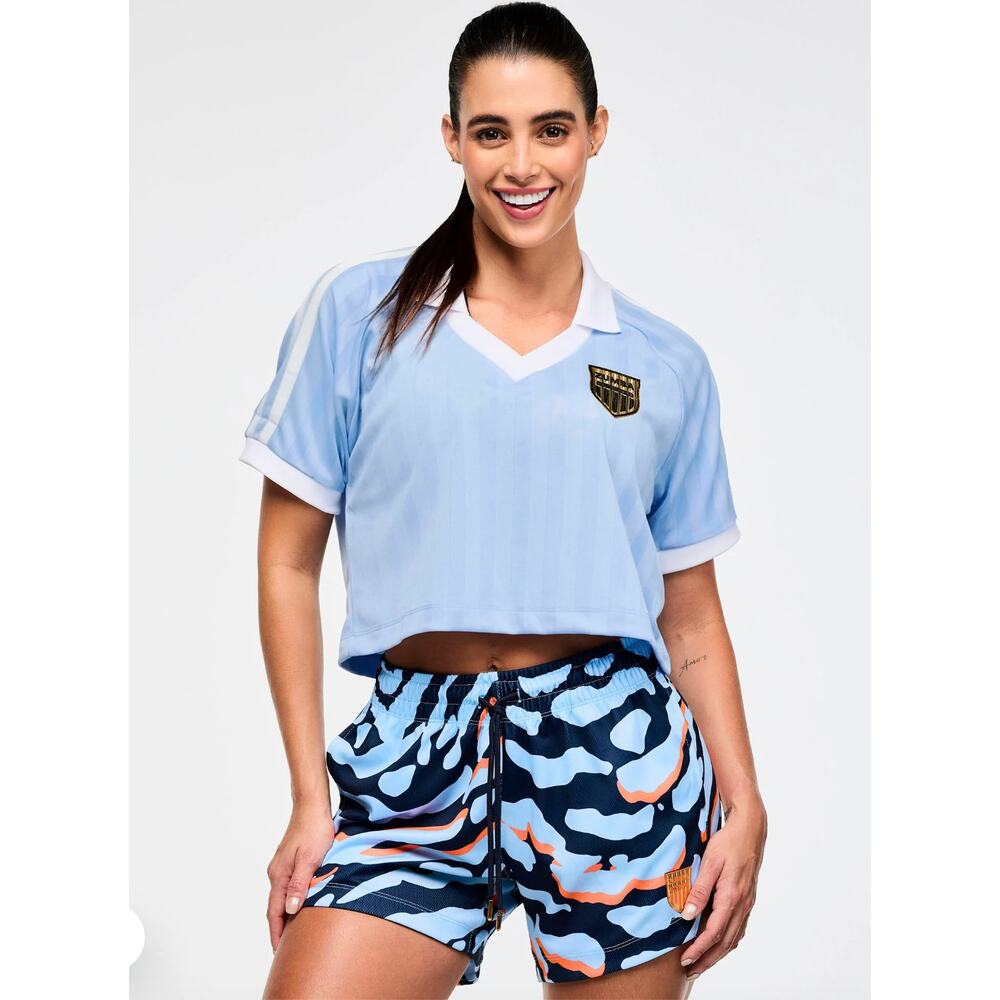 Zumba Wear Victory V-Neck Crop Raglan Polo Shirt Angel Blue Lovely Size Large